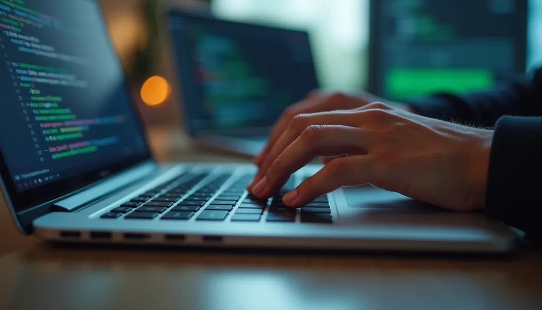 Close-up view of a person typing code on a laptop keyboard