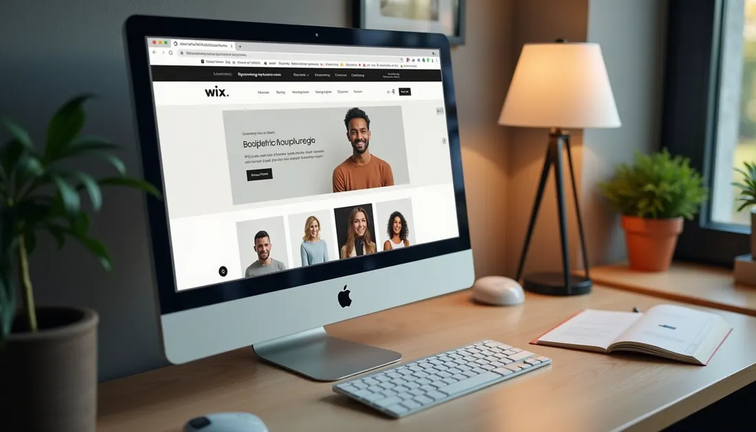 High angle view of a desktop with a Wix website open showing an online store layout