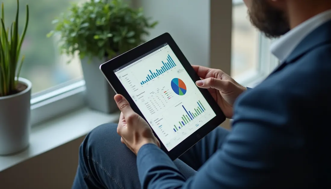 High angle view of a small business owner reviewing website analytics on a tablet