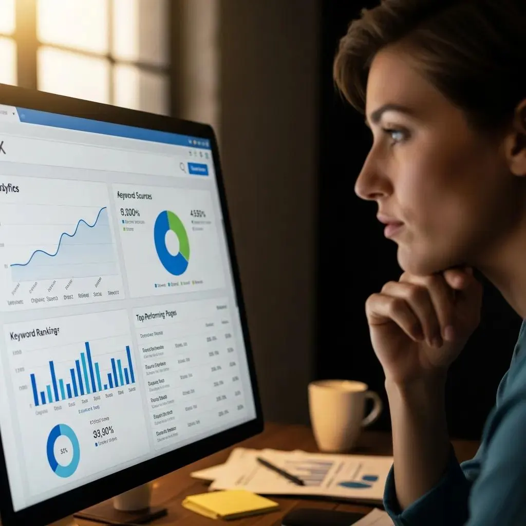 Computer screen showing SEO performance metrics for a Wix website with an individual analyzing data