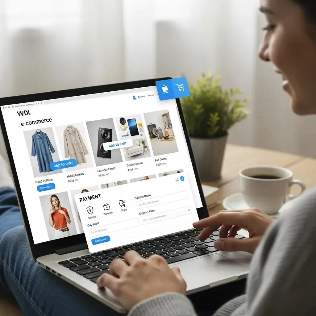 User interacting with a Wix e-commerce website on a laptop, showcasing online shopping features