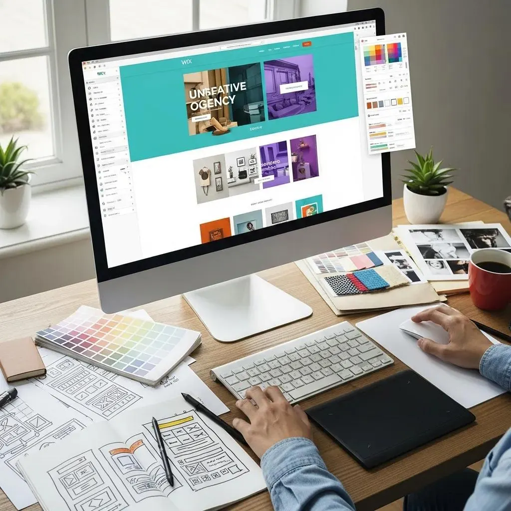 Designer customizing a Wix website on a computer with vibrant layout elements
