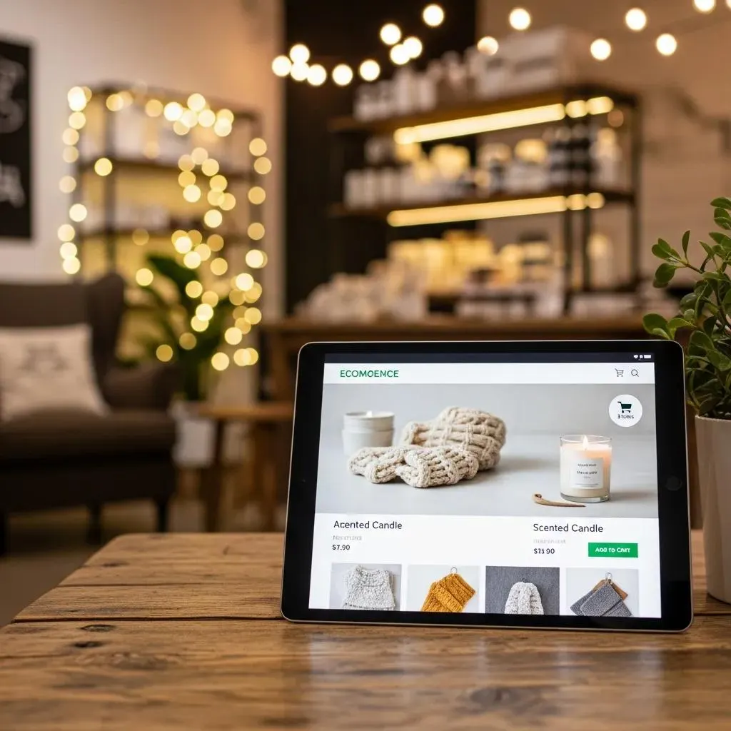 ECommerce website displayed on a tablet with product listings in a cozy retail setting
