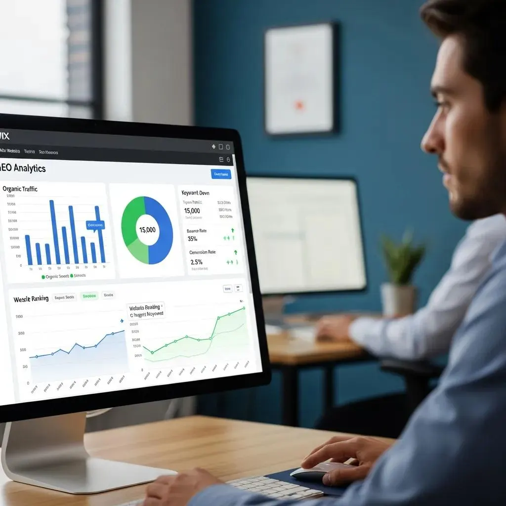 Computer screen showing SEO analytics and performance metrics for a Wix website