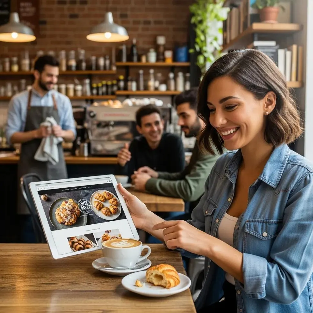 Small business owner reviewing their new Wix website in a local café